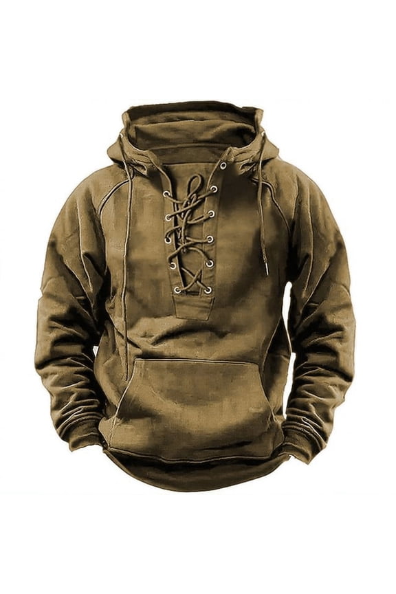 Hoodies for Men Lace Up Hooded Sweatshirts Vintage Long Sleeve Jumpers with Pocket Oversized Work Hoodies Retro Drawstring Tactical Hoodie Mens Causal Workwear
