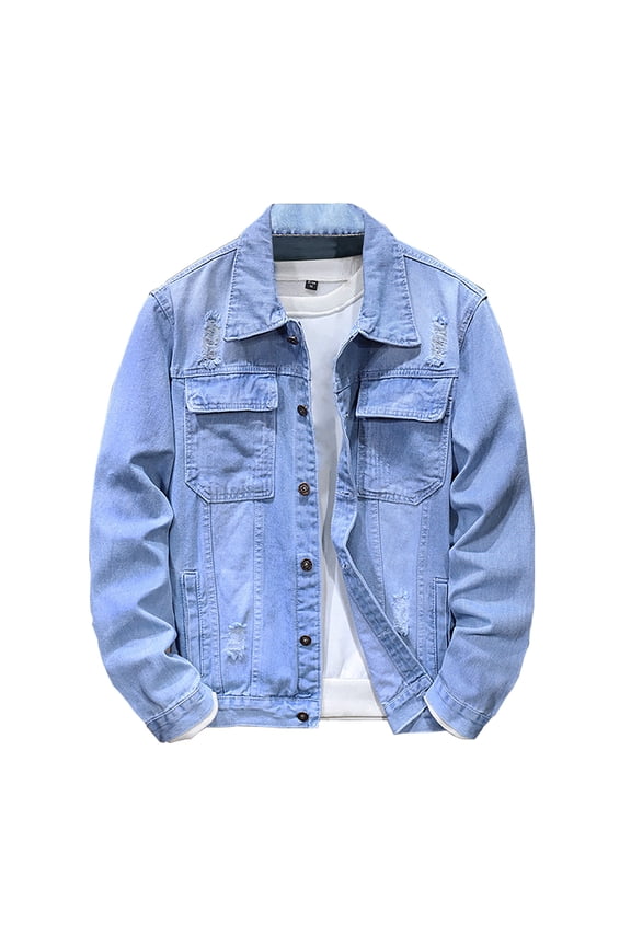 Jackets for Men Regular Fit Denim Jacket with Flap Pockets Long Sleeve Button Down Cowboy Jackets Western Style Trucker Jacket Vintage Washed Jean Coat Mens Daily Wear