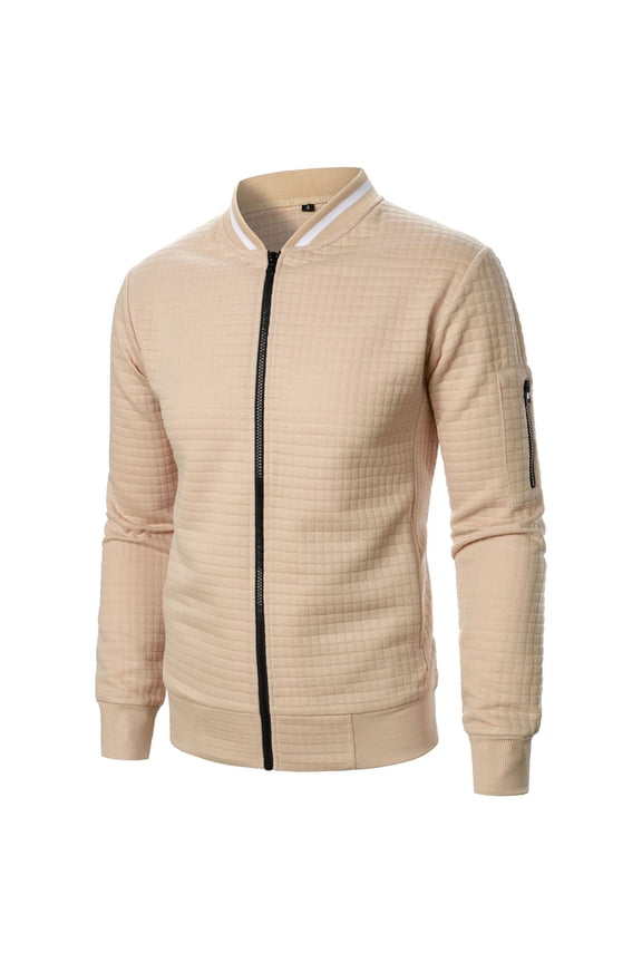 Jackets for Men Waffle Bomber Jacket with Pockets Long Sleeve Casual Flight Jacket Stand Collar Classic Fit Military Coat Solid Colour Zip Sportswear Fashion Autumn Coats