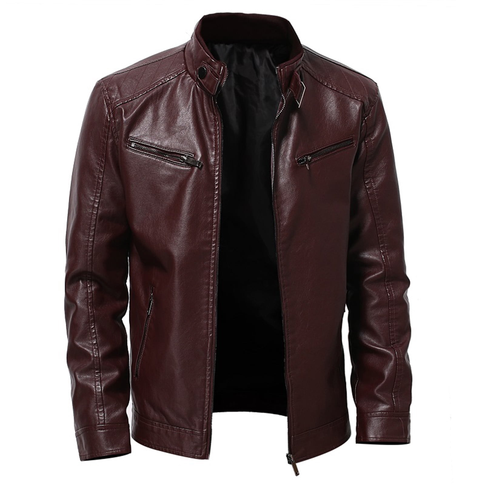 Bazeneo Jackets for Men Zip Up Leather Jacket Stand Collar Faux Leather Jacket Long Sleeve Windproof Biker Jackets Plain Colour Slim Fit Outwear Mens Warm Pu Tops with Pockets