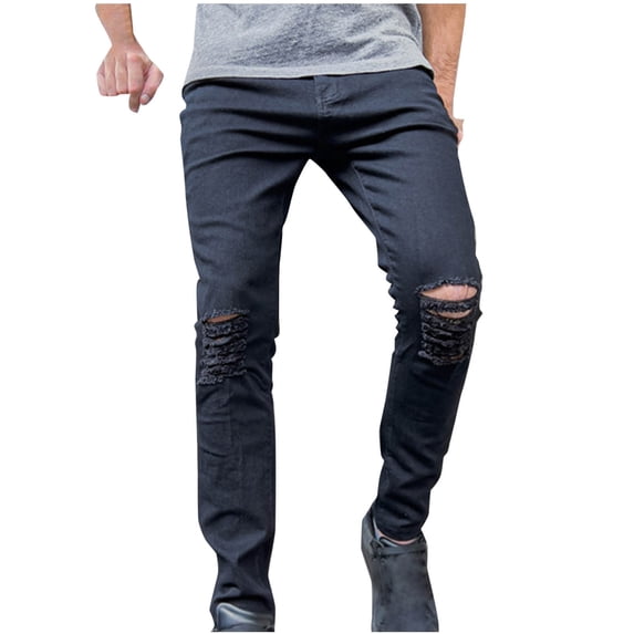 Bazeneo Jeans for Men Slim Fit Jeans with Pockets Smart Casual Distressed Denim Trousers Solid Colour Stretchy Jean Trouser Skinny Straight Leg Bottoms Stylish Mens Lounge Wear