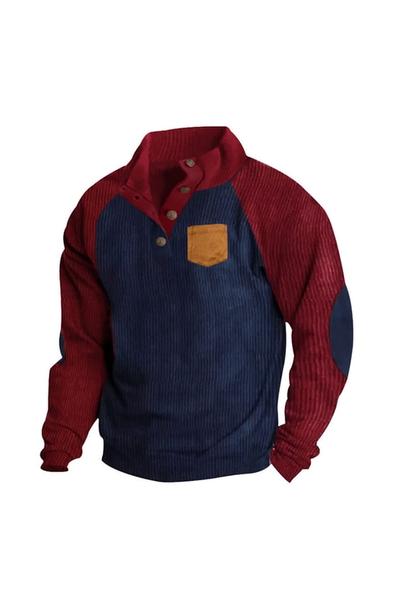 Jumpers for Men Corduroy Sweatshirts with Pockets Stand Collar Button Up Jumper Long Sleeve Elbow Patch Pullover Colour Block Relaxed Fit Sweater Fall Golf Top Tall