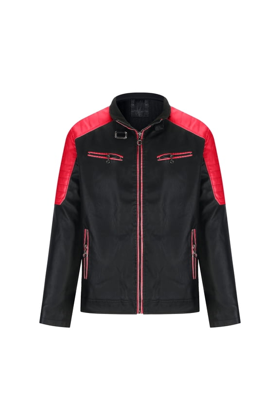 Leather Jacket Mens Slim Fit Faux Leather Jacket Smart Casual Motorcycle Jackets with Zip Pockets Colour Block Zipped Biker Jackets Western Style Stand Collar Outwear