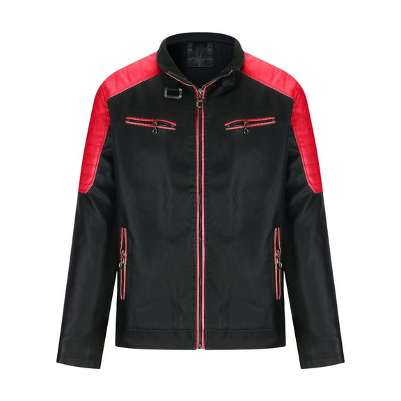 Bazeneo Leather Jacket Mens Slim Fit Faux Leather Jacket Smart Casual Motorcycle Jackets with Zip Pockets Colour Block Zipped Biker Jackets Western Style Stand Collar Outwear