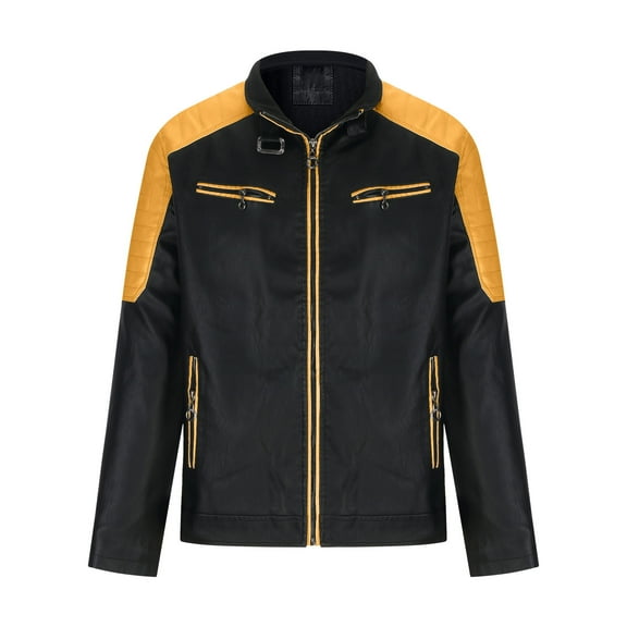 Bazeneo Leather Jacket Mens Slim Fit Faux Leather Jacket Smart Casual Motorcycle Jackets with Zip Pockets Colour Block Zipped Biker Jackets Western Style Stand Collar Outwear