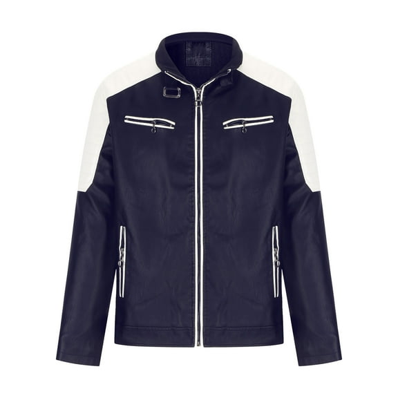 Bazeneo Leather Jacket Mens Slim Fit Faux Leather Jacket Smart Casual Motorcycle Jackets with Zip Pockets Colour Block Zipped Biker Jackets Western Style Stand Collar Outwear