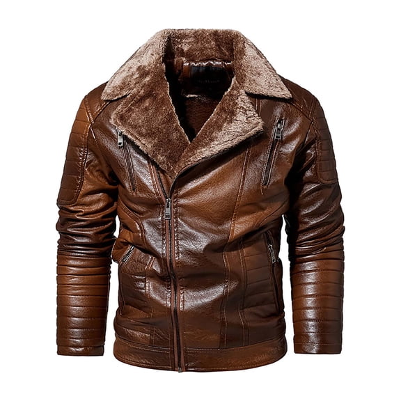 Bazeneo Leather Jacket Mens Winter Fleece Faux Leather Jacket Zipper Warm Biker Jackets with Pockets Vintage Brando Style Motorbike Jackets Faux Shearling Thicken Outwear Casual Tops