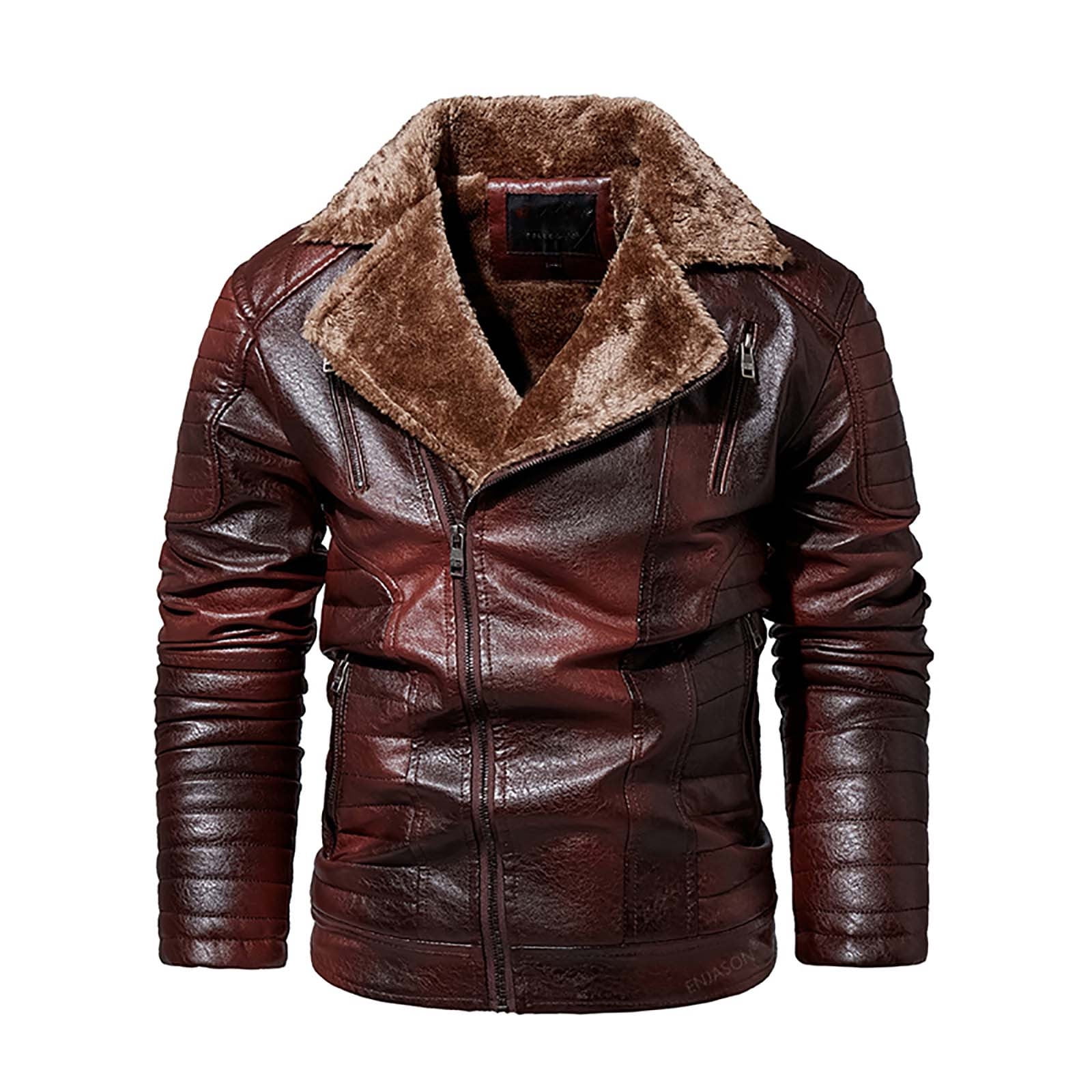 Bazeneo Leather Jacket Mens Winter Fleece Faux Leather Jacket Zipper Warm Biker Jackets with Pockets Vintage Brando Style Motorbike Jackets Faux Shearling Thicken Outwear Casual Tops