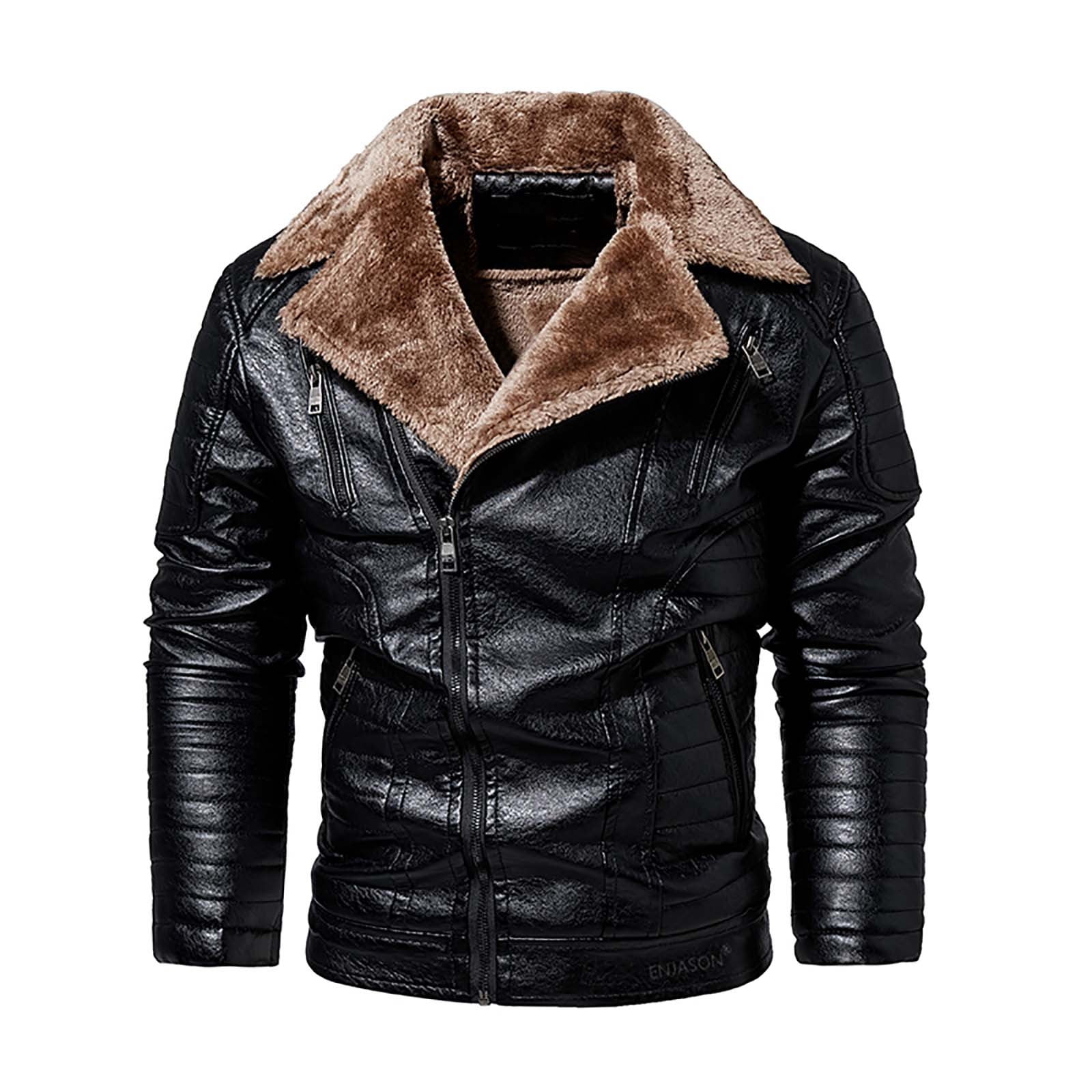 Bazeneo Leather Jacket Mens Winter Fleece Faux Leather Jacket Zipper Warm Biker Jackets with Pockets Vintage Brando Style Motorbike Jackets Faux Shearling Thicken Outwear Casual Tops