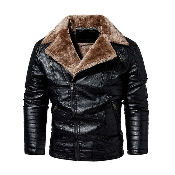 Bazeneo Leather Jacket Mens Winter Fleece Faux Leather Jacket Zipper Warm Biker Jackets with Pockets Vintage Brando Style Motorbike Jackets Faux Shearling Thicken Outwear Casual Tops