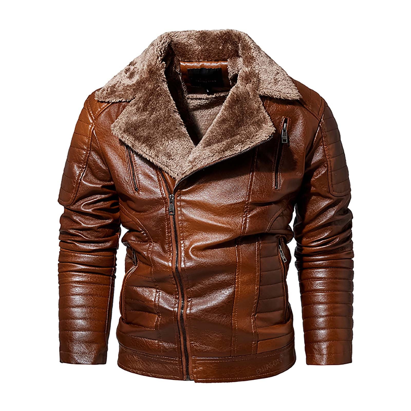 Bazeneo Leather Jacket Mens Winter Fleece Faux Leather Jacket Zipper Warm Biker Jackets with Pockets Vintage Brando Style Motorbike Jackets Faux Shearling Thicken Outwear Casual Tops