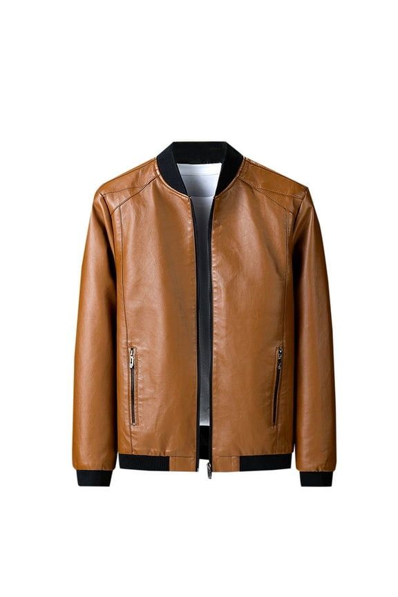 Leather Jacket Mens Zip Up Faux Leather Jacket Long Sleeve Stand Collar Bomber Jackets Retro Plain Colour Motorcycle Jackets Slim Fit Pu Pilot Coat Smart Casual Outwear