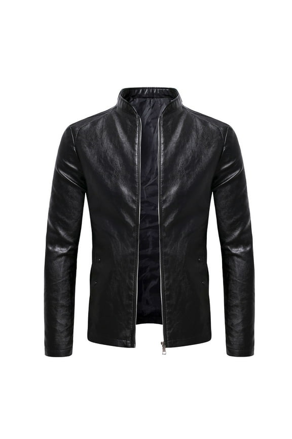 Leather Jackets for Men Slim Fit Faux Leather Jacket Long Sleeve Zipped Biker Jackets Vintage Stand Collar Drive Jacket Retro Motorcycle Outwear with Pockets Autumn Tops