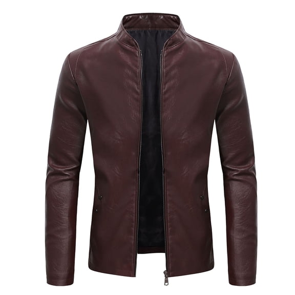 Bazeneo Leather Jackets for Men Slim Fit Faux Leather Jacket Long Sleeve Zipped Biker Jackets Vintage Stand Collar Drive Jacket Retro Motorcycle Outwear with Pockets Autumn Tops