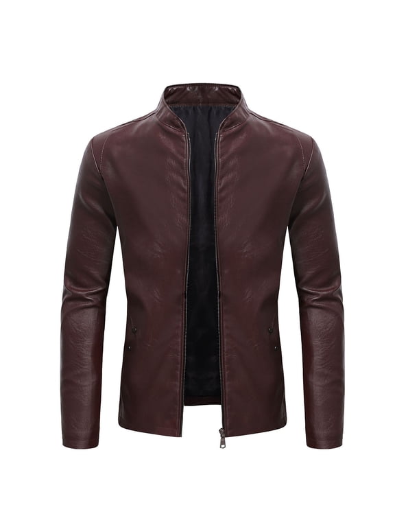 Leather Jackets for Men Slim Fit Faux Leather Jacket Long Sleeve Zipped Biker Jackets Vintage Stand Collar Drive Jacket Retro Motorcycle Outwear with Pockets Autumn Tops