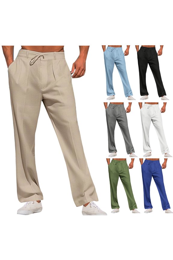 Linen Trousers Mens Summer Casual Dress Trousers Loose Fit Drawstring Bottoms Solid Colour Straight Leg Pants Oversized Flat Front Pants Lightweight Beachwear for Men Tall