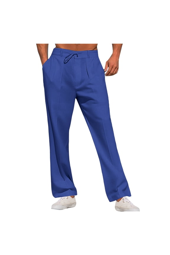 Linen Trousers Mens Summer Casual Dress Trousers Loose Fit Drawstring Bottoms Solid Colour Straight Leg Pants Oversized Flat Front Pants Lightweight Beachwear for Men Tall
