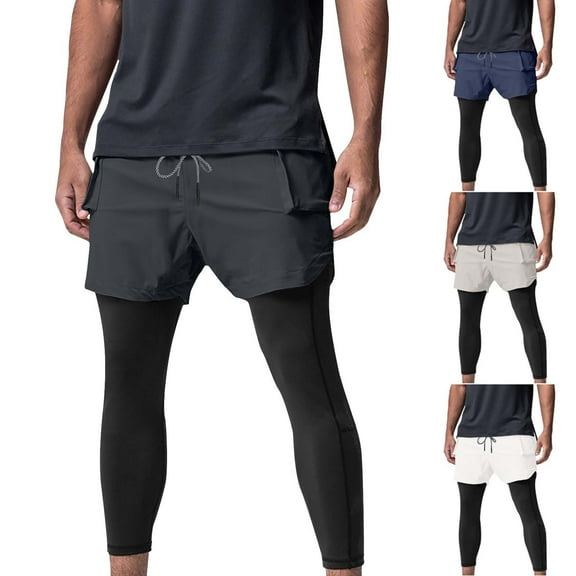 Bazeneo Men 2 in 1 Running Pants Compression Gym Trousers with Pockets Elasticated Waist Sports Tights Solid Colour Drawstring Activewear Mens Sportswear for Basketball Cycling