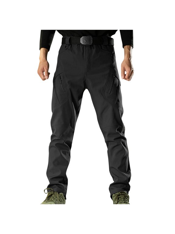 Men Cargo Work Trousers with Zip Pockets Waterproof Combat Pants Solid Colour Regular Fit Workwear Heavy Duty Utility Tactical Bottoms Mens Hiking Trousers S-3XL (No Belt)