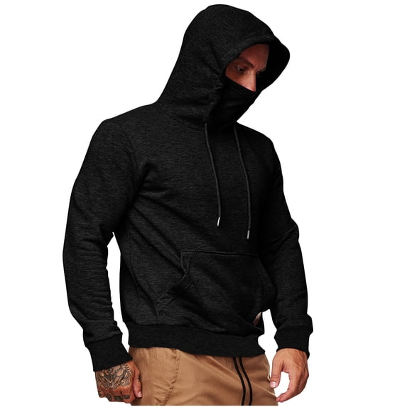 Bazeneo Men Hoodie Long Sleeve Masked Hoodie Casual Hooded Sweatshirt with Neck Gaiter Loose Fit Drawstring Pullover Solid Colour Kangaroo Pocket Jumpers Mens Lounge Wear