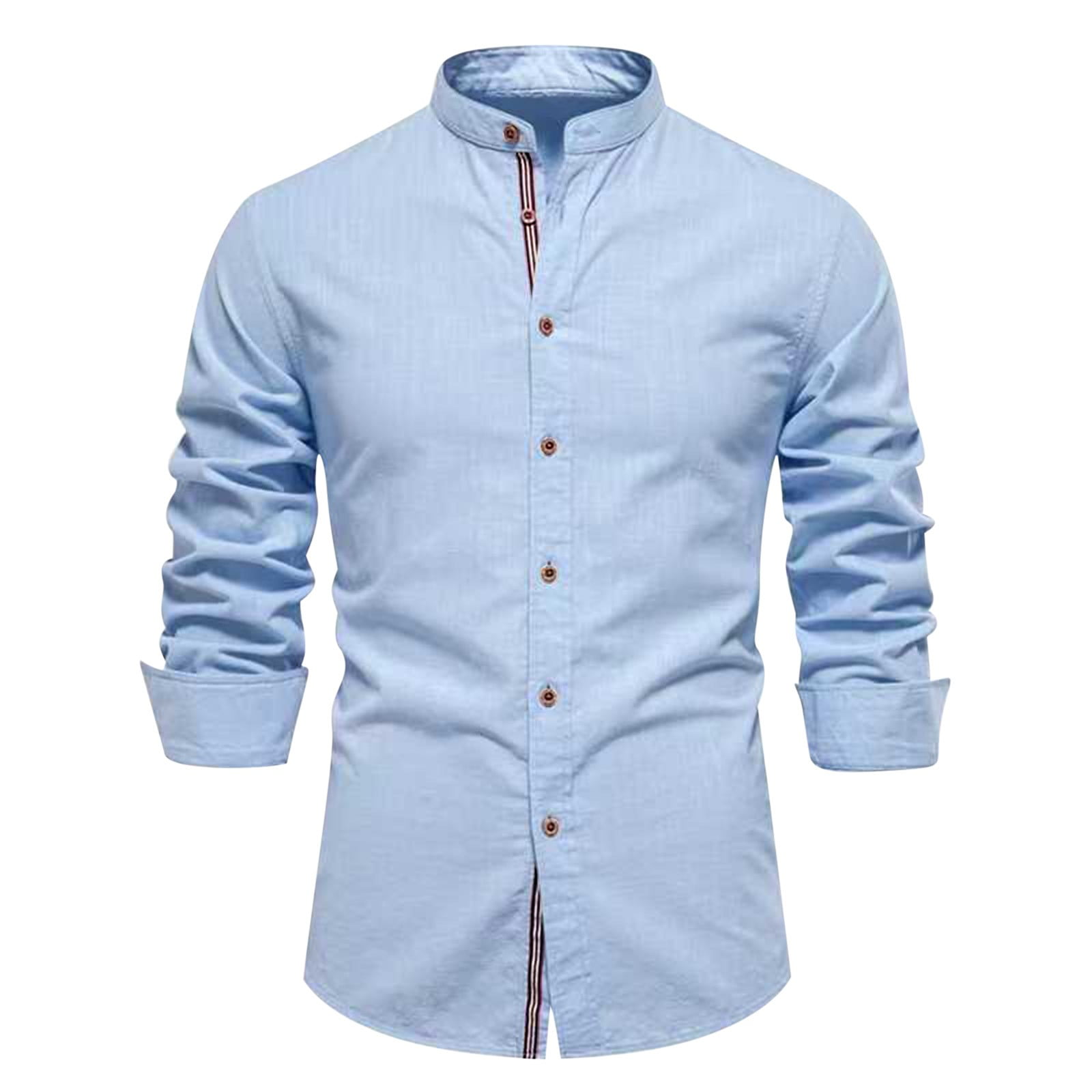 Bazeneo Men Shirts Long Sleeve Cotton Dress Shirts Grandad Collar Button Up Formal Shirt Slim Fit Business Casual Shirt Plain Colour Breathable Dressy