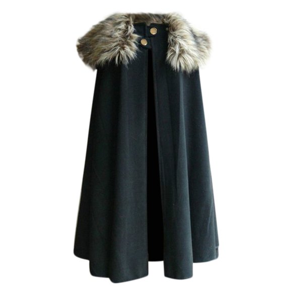 Bazeneo Men Winter Coats Fleece Cape Coat with Furry Collar Cloak Neck Winter Warm Poncho Sherpa Lined Full Length Long Cloak Open Front Outerwear Show Costume for Halloween Carnival