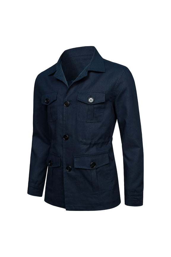 Men's Jackets Spring Autumn Linen Shacket Lightweight Button Down Casual Overshirt Vintage Long Sleeve Lapel Coats Solid Color Regular Fit Outwear Shirt Jacket for Men