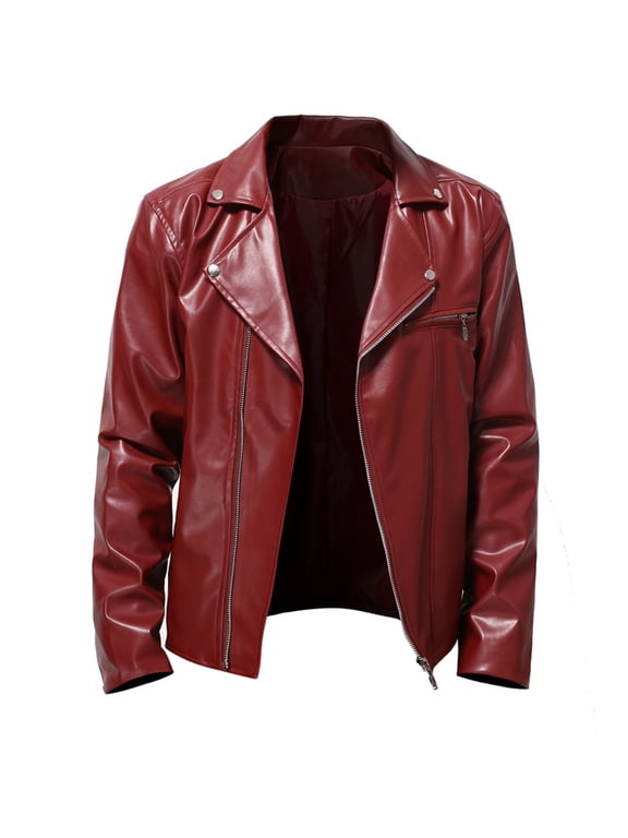 Men's Leather Jackets Zipped Faux Leather Jacket for Men Long Sleeve Motorbike Jackets with Pockets Solid Brando Style Outwear Lapel Collar Slim Fit Drive Coat Streetwear