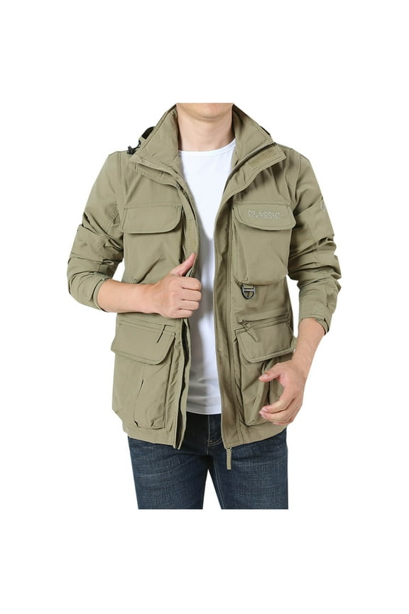 Men's Outdoor Waterproof Jackets with Detachable Hood & Sleeves Lightweight Windproof Raincoat Loose Fit Multi Pockets Athletic Wear Outdoors Camping Hiking Jacket Plus Size