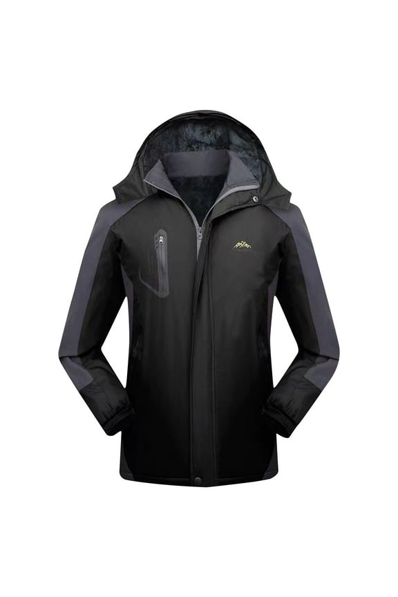 Men's Outdoor Waterproof Jackets Fleece Winter Jackets with Detachable Hood Color Block Thermal Rain Jacket Water Resistant Full Zip Windbreaker Warm Skiing Jacket for Men