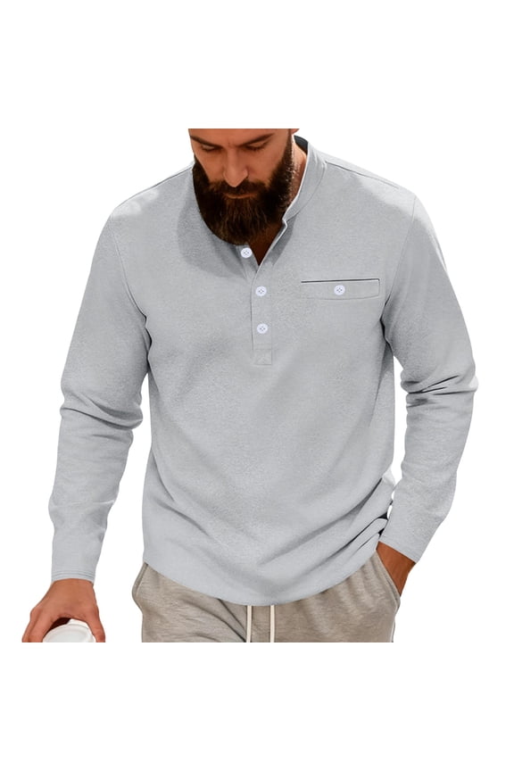 Men's T-Shirts Button Up Henley Shirts for Men Long Sleeve T-Shirts with Pocket Plain Colour Stand Collar T Shirt Classic Fit Designer Sports Tops Fashion Lounge Wear