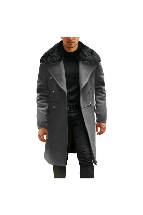 Men's Winter Coats with Fluffy Collar Wool Blend Double Breasted Trench Coat Notched Lapel Mid Long Overcoat Long Sleeved Regular Fit Windbreaker Military Peacoat with Pocket