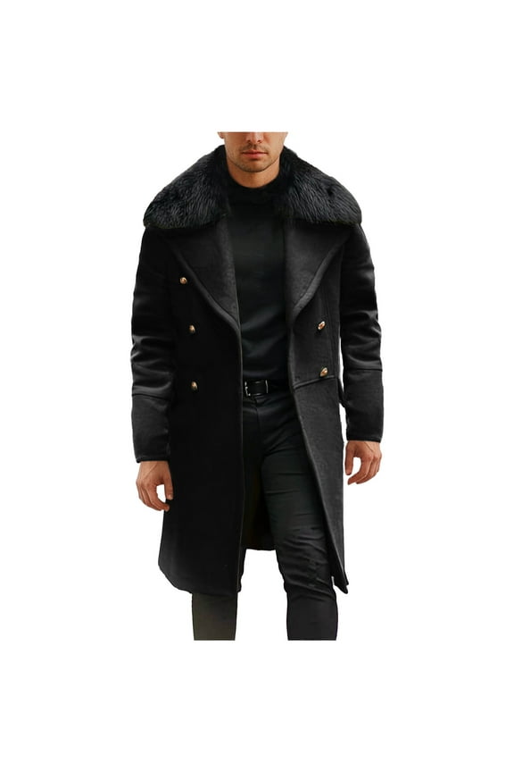 Men's Winter Coats with Fluffy Collar Wool Blend Double Breasted Trench Coat Notched Lapel Mid Long Overcoat Long Sleeved Regular Fit Windbreaker Military Peacoat with Pocket