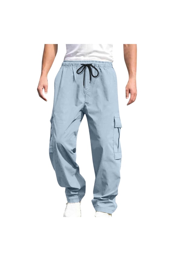 Mens Cargo Trousers Elasticated Waist Work Trouser Plain Drawstring Combat Pants Loose Straight Leg Tactical Pant Comfy Multi-pocket Bottoms Outdoor Hiking Outfits Plus Size