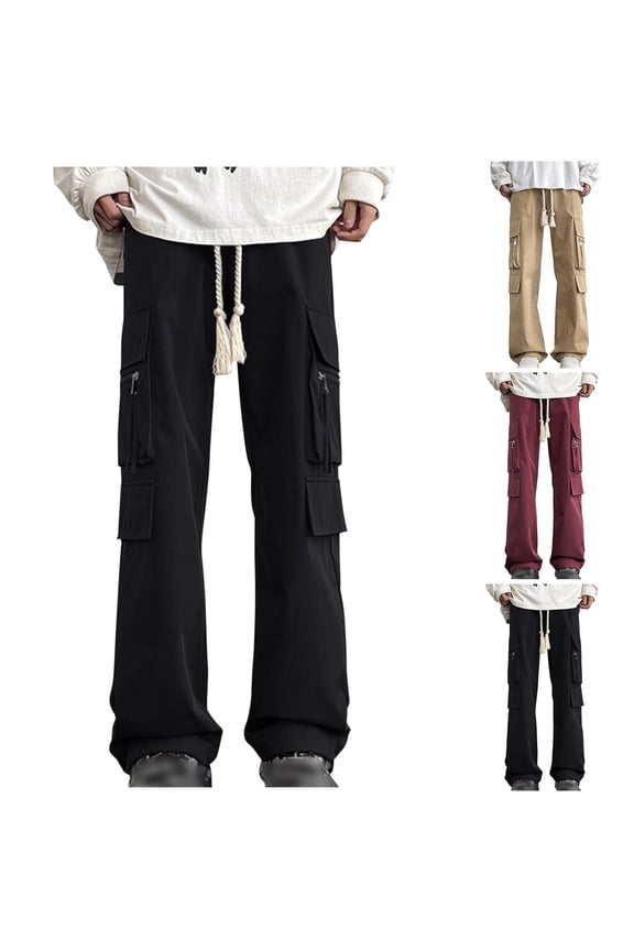 Mens Cargo Trousers with Zip Pockets Casual Work Trouser Plain Elastic Waist Combat Pants Baggy Drawstring Flared Pant Multi-pocket Utility Bottoms for Hiking Plus Size