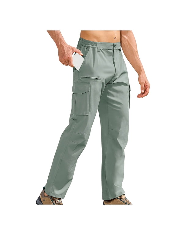 Mens Cargo Trousers with Zip Pockets Elastic Waist Combat Work Pants Relaxed Fit Straight Leg Bottoms Solid Colour Ripstop Casual Workwear Outdoor Camping Hiking Pant S-4XL