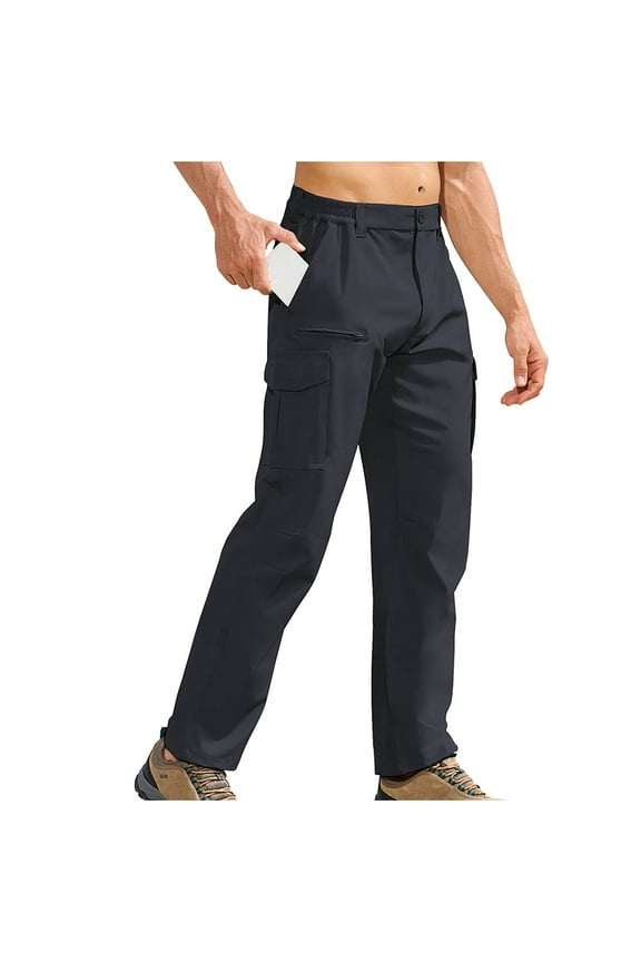 Mens Cargo Trousers with Zip Pockets Elastic Waist Combat Work Pants Relaxed Fit Straight Leg Bottoms Solid Colour Ripstop Casual Workwear Outdoor Camping Hiking Pant S-4XL