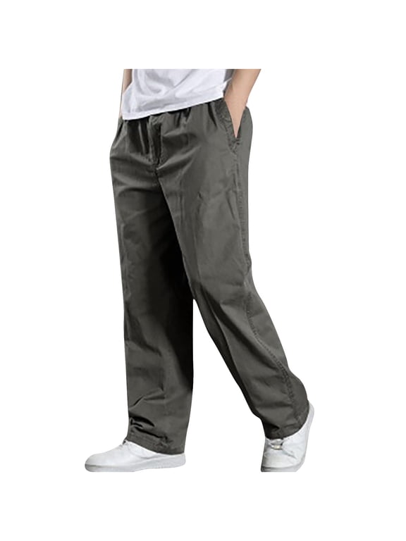 Mens Chinos Regular Fit Elasticated Waist Chino Trousers Summer Casual Cotton Pants with Pockets Plain Colour Lightweight Bottoms Straight Leg Daily Wear for Men Plus Size