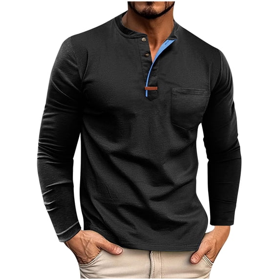 Bazeneo Mens Cotton Henley Shirts Long Sleeve Smart Tshirts with Pocket Regular Fit Button Work T-Shirts Solid Colour Moisture Wicking Workwear Casual Hiking Accessories for Men