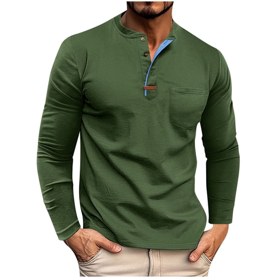 Bazeneo Mens Cotton Henley Shirts Long Sleeve Smart Tshirts with Pocket Regular Fit Button Work T-Shirts Solid Colour Moisture Wicking Workwear Casual Hiking Accessories for Men