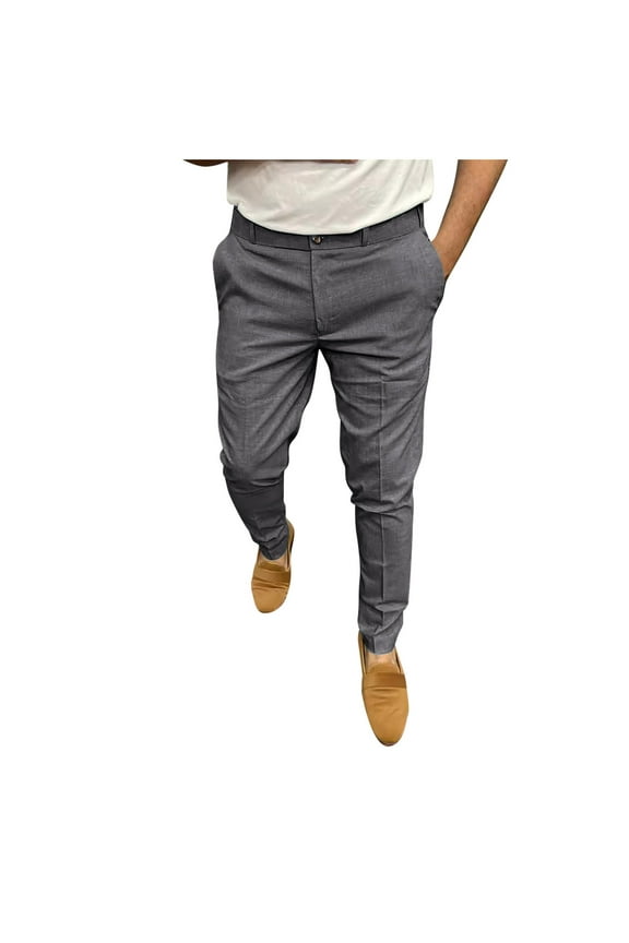 Mens Dress Trousers Casual Cotton Suit Pants Solid Colour Relaxed Fit Bottoms Flat Front Straight Leg Pant Vintage Business Trouser for Men Wedding Dinner Clothes S-3XL