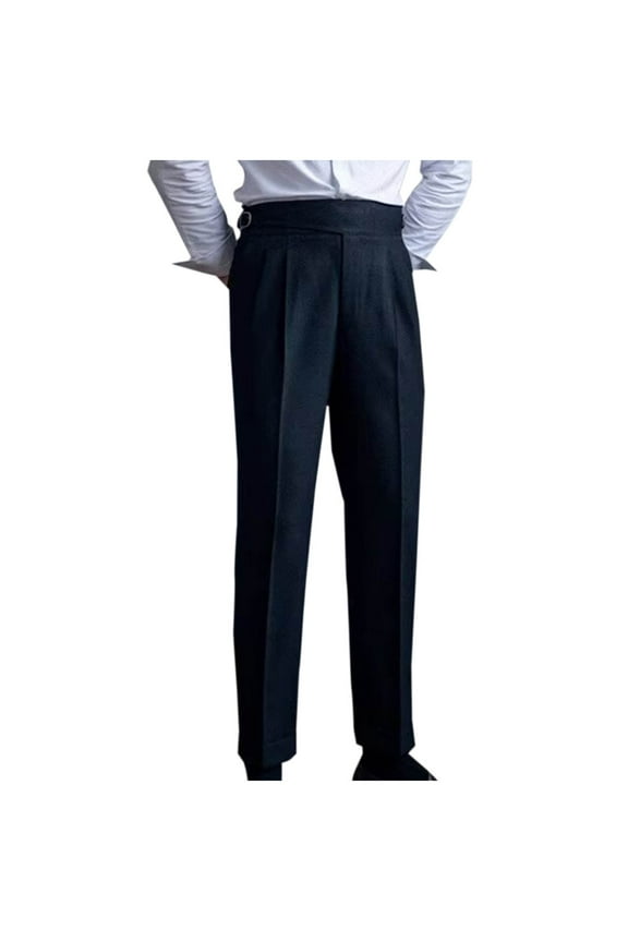 Mens Dress Trousers High Waisted Gurkha Trouser Plain Adjustable Waist Cotton Pants Pleated Front Straight Leg Bottoms Retro Casual Pant Work Office Clothes with Pockets