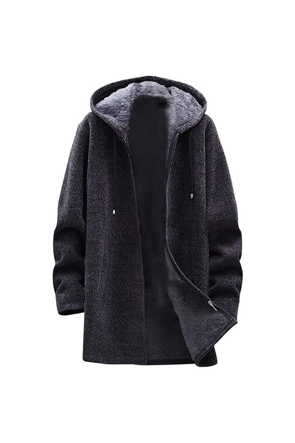 Mens Fleece Jackets Full Zip Chenille Jackets with Hood Mid Length Hooded Casual Jacket Long Sleeve Sherpa Overcoats Solid Colour Regular Fit Winter Jacket Warm Coats for Men