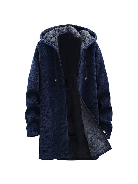 Mens Fleece Jackets Full Zip Chenille Jackets with Hood Mid Length Hooded Casual Jacket Long Sleeve Sherpa Overcoats Solid Colour Regular Fit Winter Jacket Warm Coats for Men