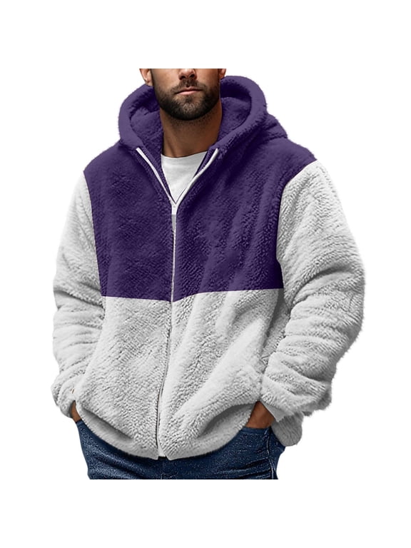 Mens Fleece Jackets Full Zip Hooded Winter Jackets Double-Faced Fleece Warm Coats Long Sleeve Oversized Coat Colour Block Fuzzy Outerwear with Hood Soft Loose Fit Overcoat