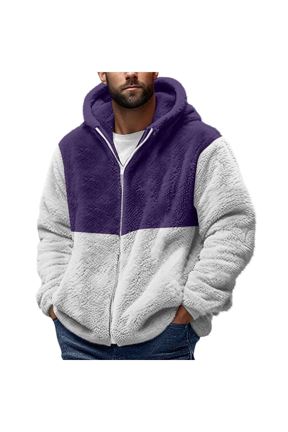 Mens Fleece Jackets Full Zip Hooded Winter Jackets Double-Faced Fleece Warm Coats Long Sleeve Oversized Coat Colour Block Fuzzy Outerwear with Hood Soft Loose Fit Overcoat