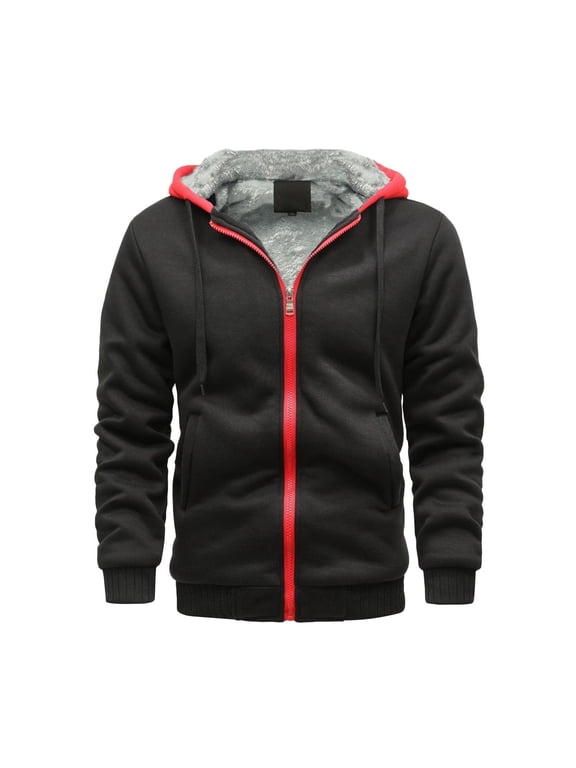 Mens Fleece Jackets with Hood Full Zip Warm Winter Jackets Long Sleeve Thicken Hoodies Plain Colour Fleece Lined Track Jacket Slim Fit Thermal Sportswear Men Hooded Jacket