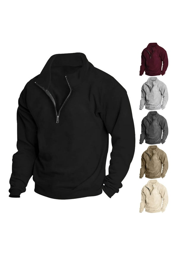 Mens Half Zip Jumpers Casual Long Sleeve Sweatshirt Solid Plain Collar Neck Gym Top Loose Fit Comfy Pullover Classic Sweater Autumn Winter Running Jacket for Men