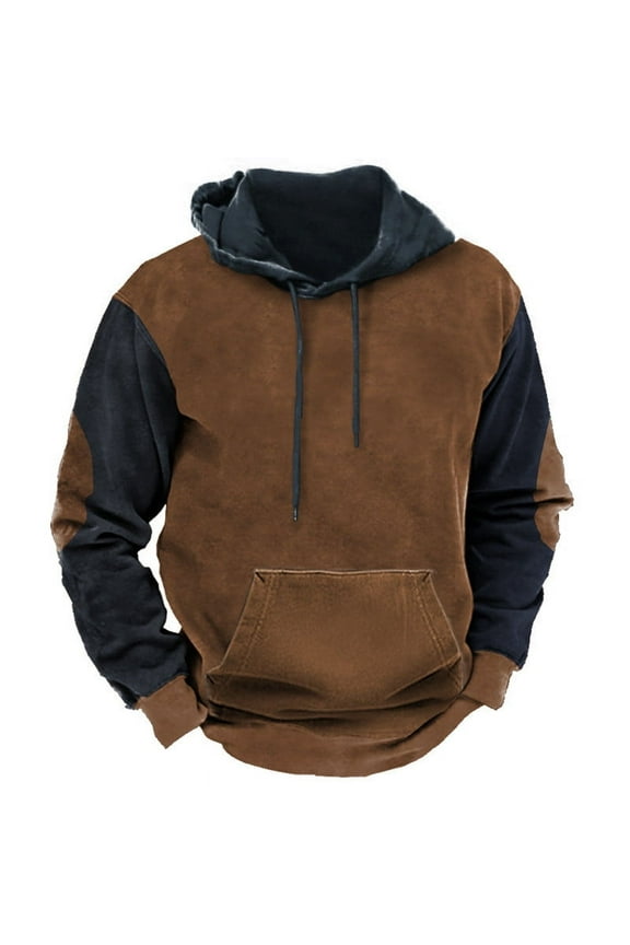 Mens Hoodie Long Sleeve Fleece Hooded Sweatshirts Vintage Elbow Patch Work Hoodies with Hood Loose Fit Drawstring Jumpers Pocket Workwear Autumn Clothes for Men