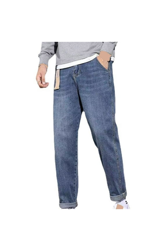 Mens Jeans Regular Fit Denim Trousers Vintage Washed Color Bottoms Tapered Leg Baggy Pants High Stretch Flat Front Trouser Men Casual Daily Wear with Pockets